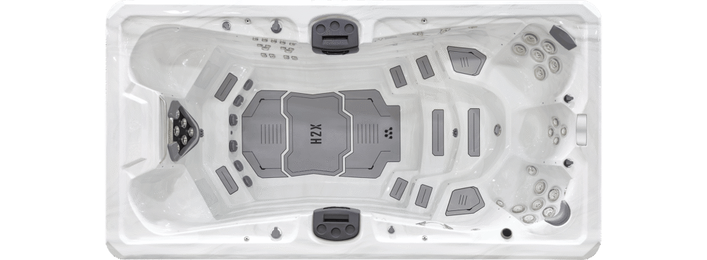 H2X Challenger 15D swim spa, top-down view of the seating and jets