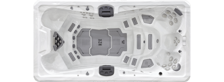 H2X Challenger 15D swim spa, top-down view of the seating and jets