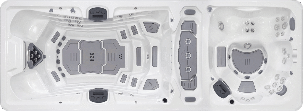 H2X Challenger 21D swim spa, top-down view of the seating and jets