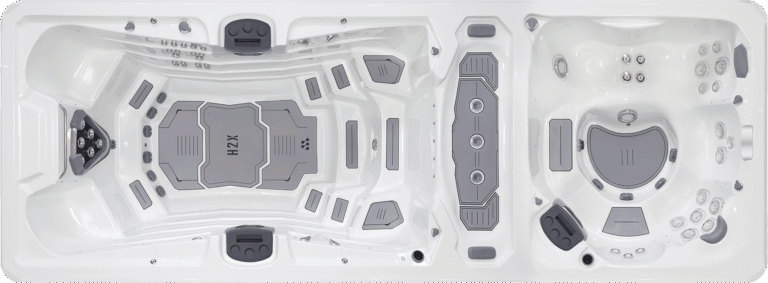 H2X Challenger 21D swim spa, top-down view of the seating and jets