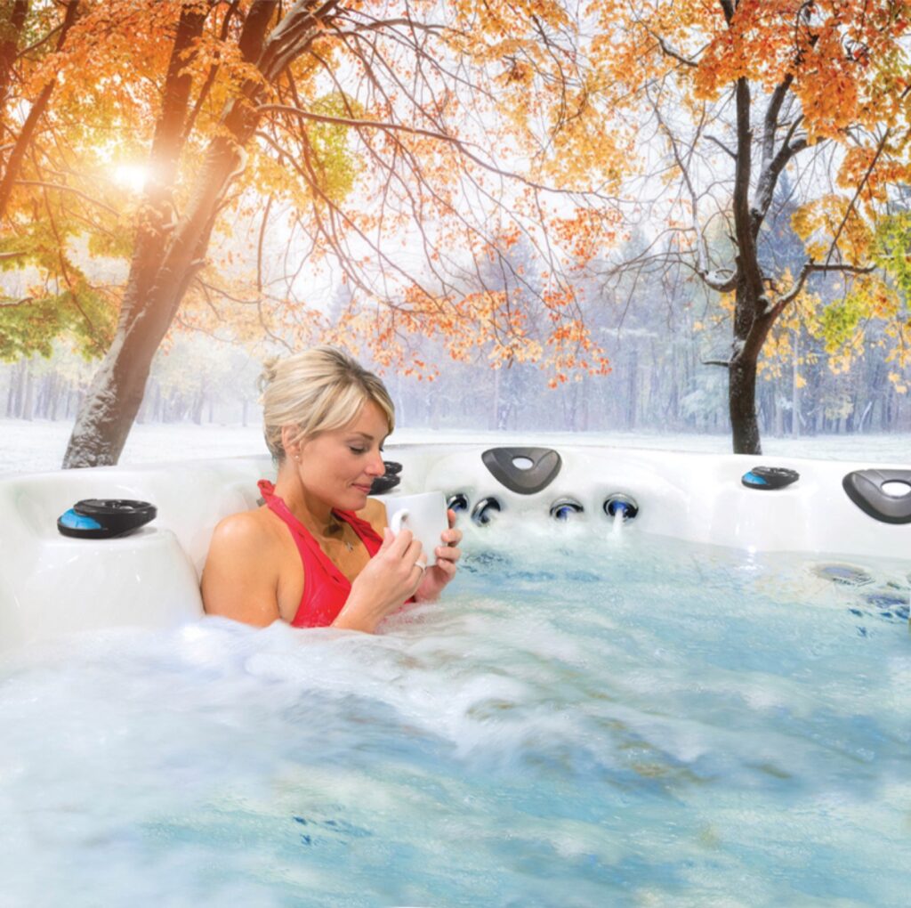 Michael Phelps Legend Series LSX 800 hot tub, in the snow with morning coffee
