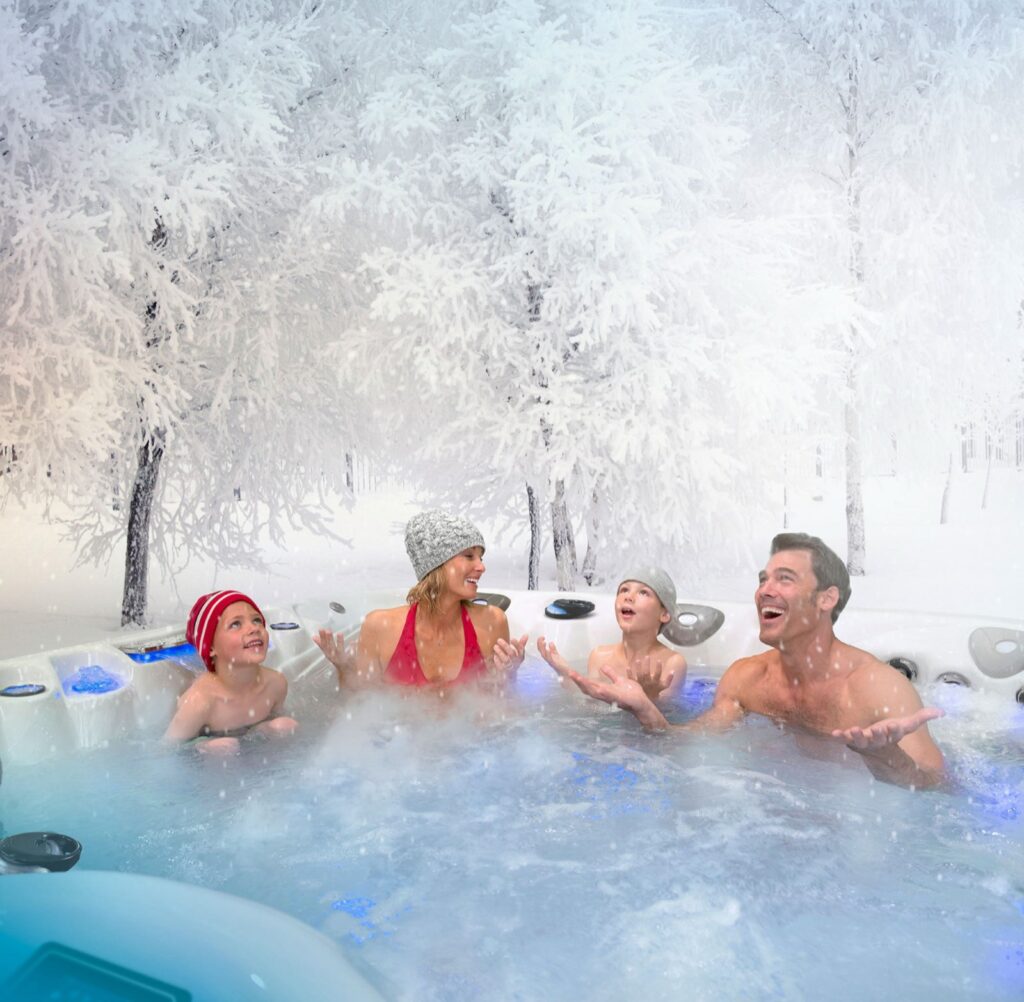 Michael Phelps Legend Series LSX 800 hot tub, family in the snow