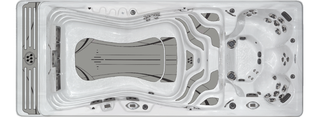 Michael Phelps Momentum D swim spa, top-down view of the seating and jets