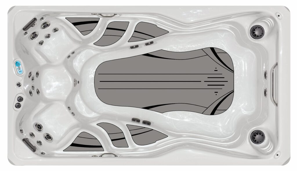 H2X Therapool 13 swim spa, top-down view of the seating and jets