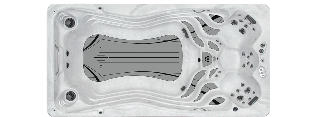 H2X Therapool 15 swim spa, top-down view of the seating and jets
