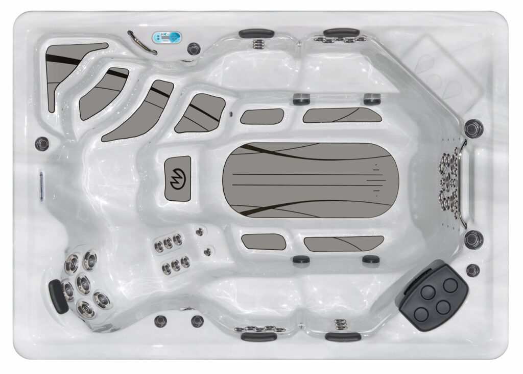 H2X Therapool D swim spa, top-down view of the seating and jets