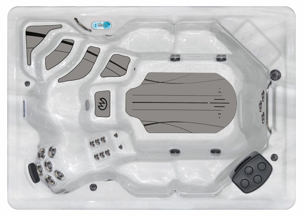 H2X Therapool SE swim spa, top-down view of the seating and jets