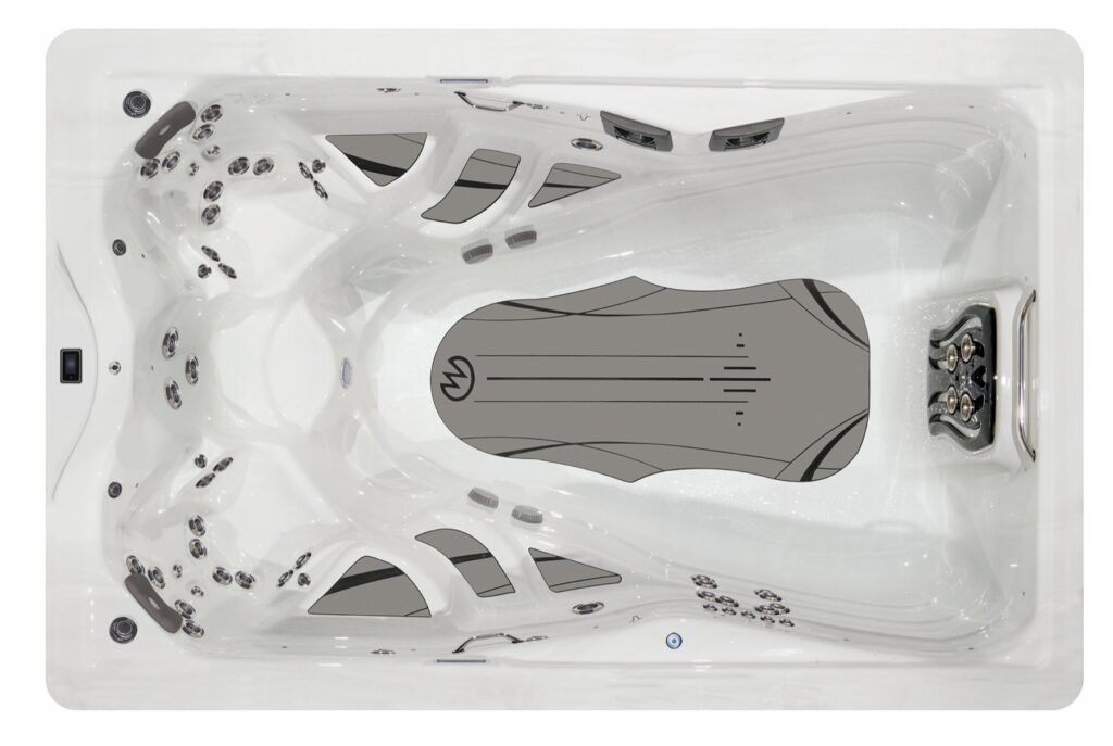 H2X Trainer 12 swim spa, top-down view of the seating and jets