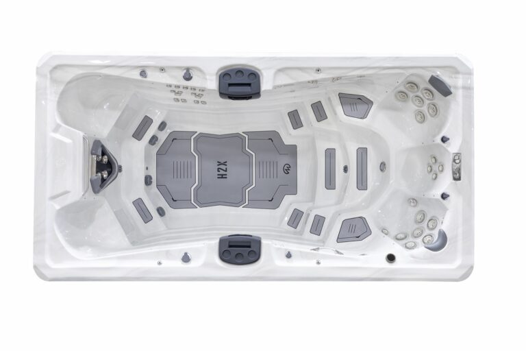 H2X Trainer 15 swim spa, top-down view of the seating and jets