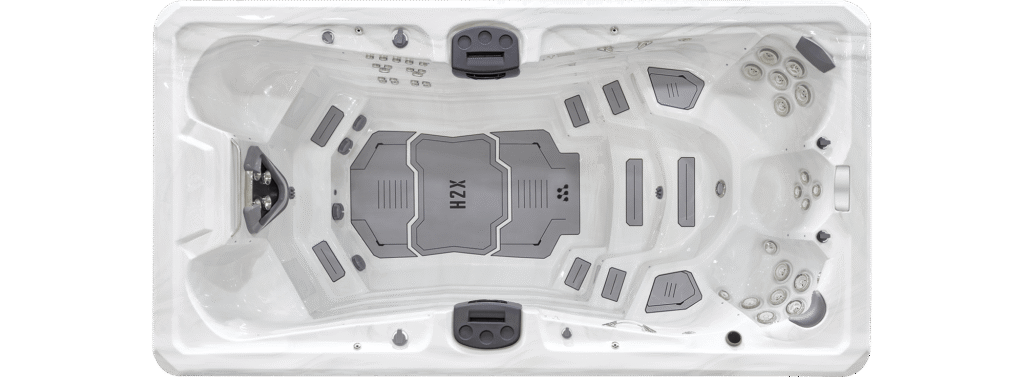 H2X Trainer 15D swim spa, top-down view of the seating and jets