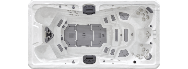 H2X Trainer 15D swim spa, top-down view of the seating and jets