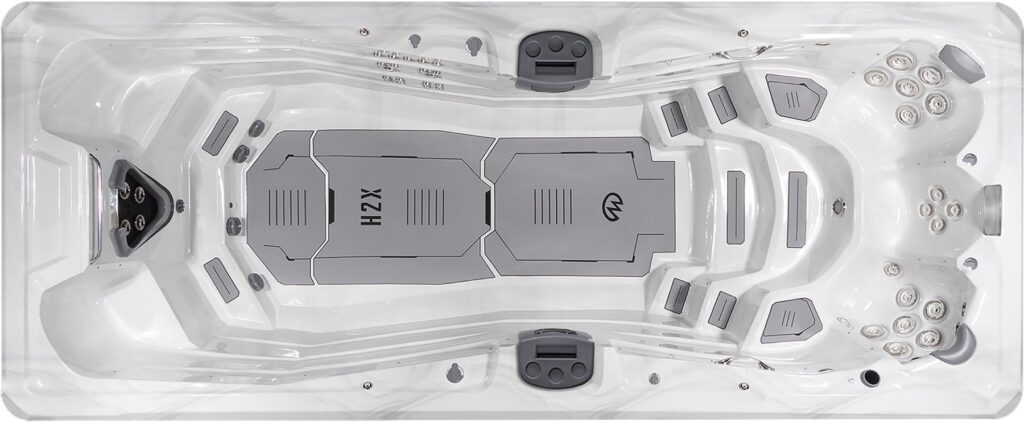H2X Trainer 19D MAX swim spa, top-down view of the seating and jets