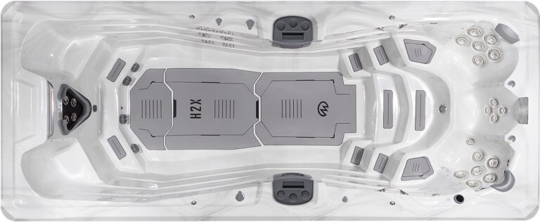 H2X Trainer 19D MAX swim spa, top-down view of the seating and jets