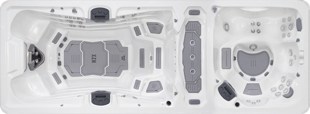 H2X Trainer 21 swim spa, top-down view of the seating and jets