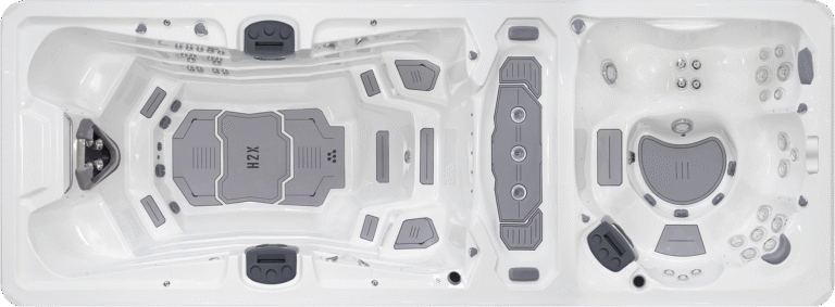 H2X Trainer 21 swim spa, top-down view of the seating and jets