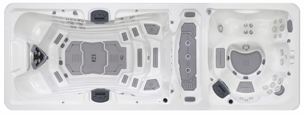 H2X Trainer 21D swim spa, top-down view of the seating and jets