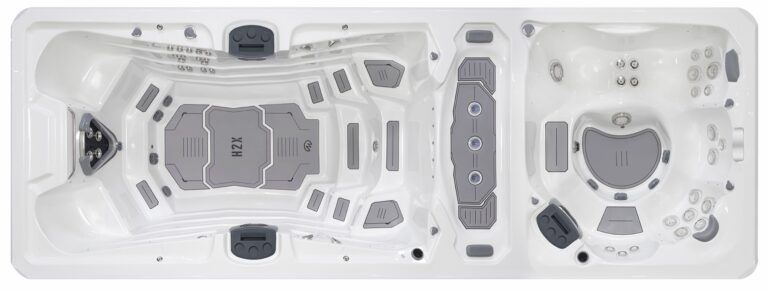 H2X Trainer 21D swim spa, top-down view of the seating and jets
